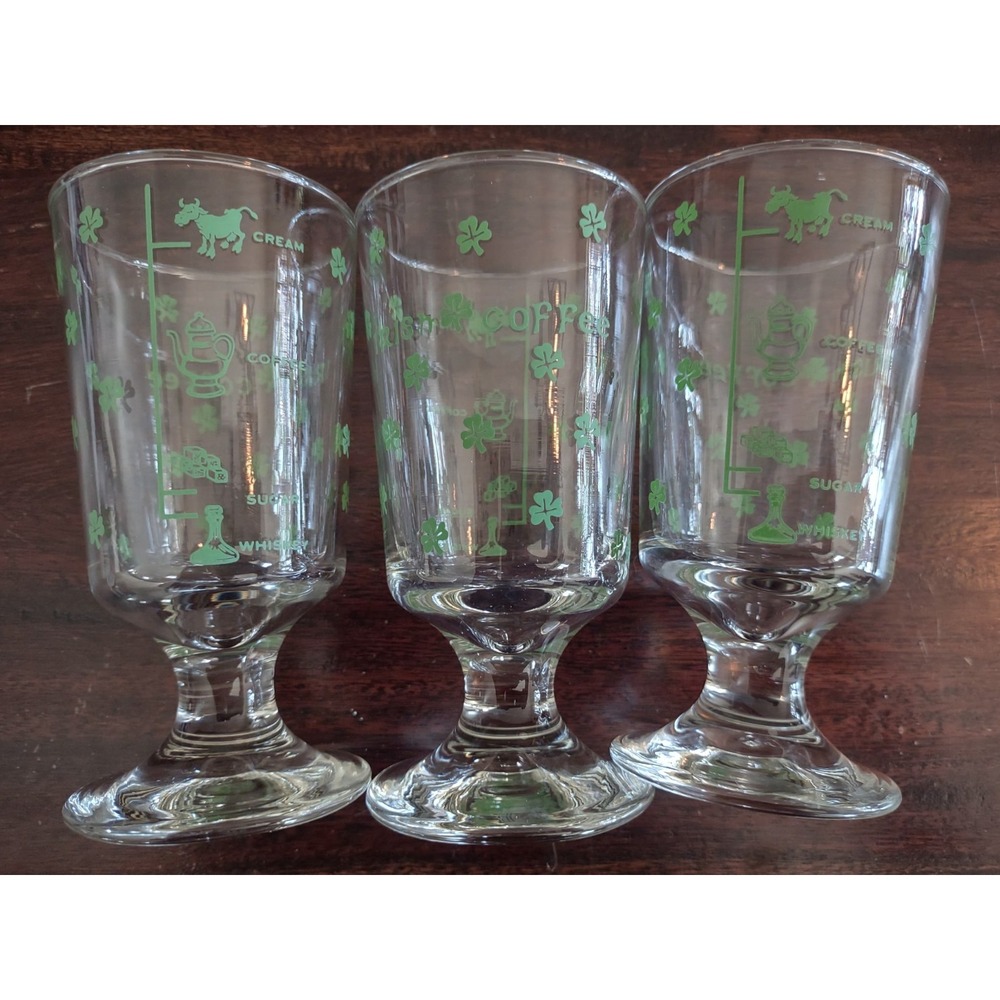 Vtg Libby Irish Coffee Glass Pedestal Tumblers Recipe Guide Shamrocks Set of 3